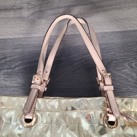 Michael Kors MK Logo Mirror Metallic Gold Monogram Luxury Tote Bag Purse Large - Picture 7 of 13